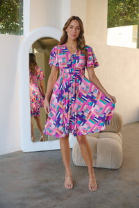 Carina Fuchsia Blue Block Print Short Sleeve Dress