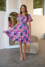 Load image into Gallery viewer, Carina Fuchsia Blue Block Print Short Sleeve Dress