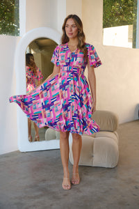 Carina Fuchsia Blue Block Print Short Sleeve Dress