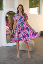 Load image into Gallery viewer, Carina Fuchsia Blue Block Print Short Sleeve Dress