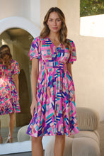 Load image into Gallery viewer, Carina Fuchsia Blue Block Print Short Sleeve Dress
