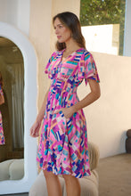 Load image into Gallery viewer, Carina Fuchsia Blue Block Print Short Sleeve Dress