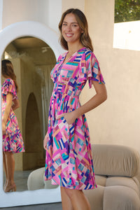 Carina Fuchsia Blue Block Print Short Sleeve Dress