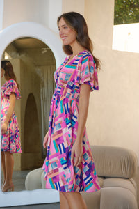 Carina Fuchsia Blue Block Print Short Sleeve Dress