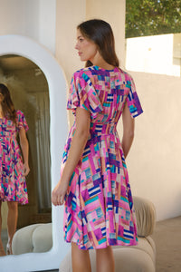 Carina Fuchsia Blue Block Print Short Sleeve Dress