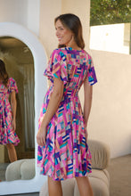 Load image into Gallery viewer, Carina Fuchsia Blue Block Print Short Sleeve Dress