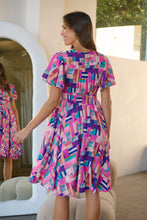Load image into Gallery viewer, Carina Fuchsia Blue Block Print Short Sleeve Dress