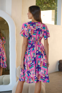 Carina Fuchsia Blue Block Print Short Sleeve Dress