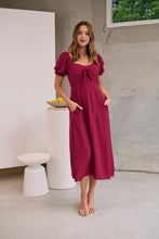 Load image into Gallery viewer, Lulu Tie Front Wine Midi Dress