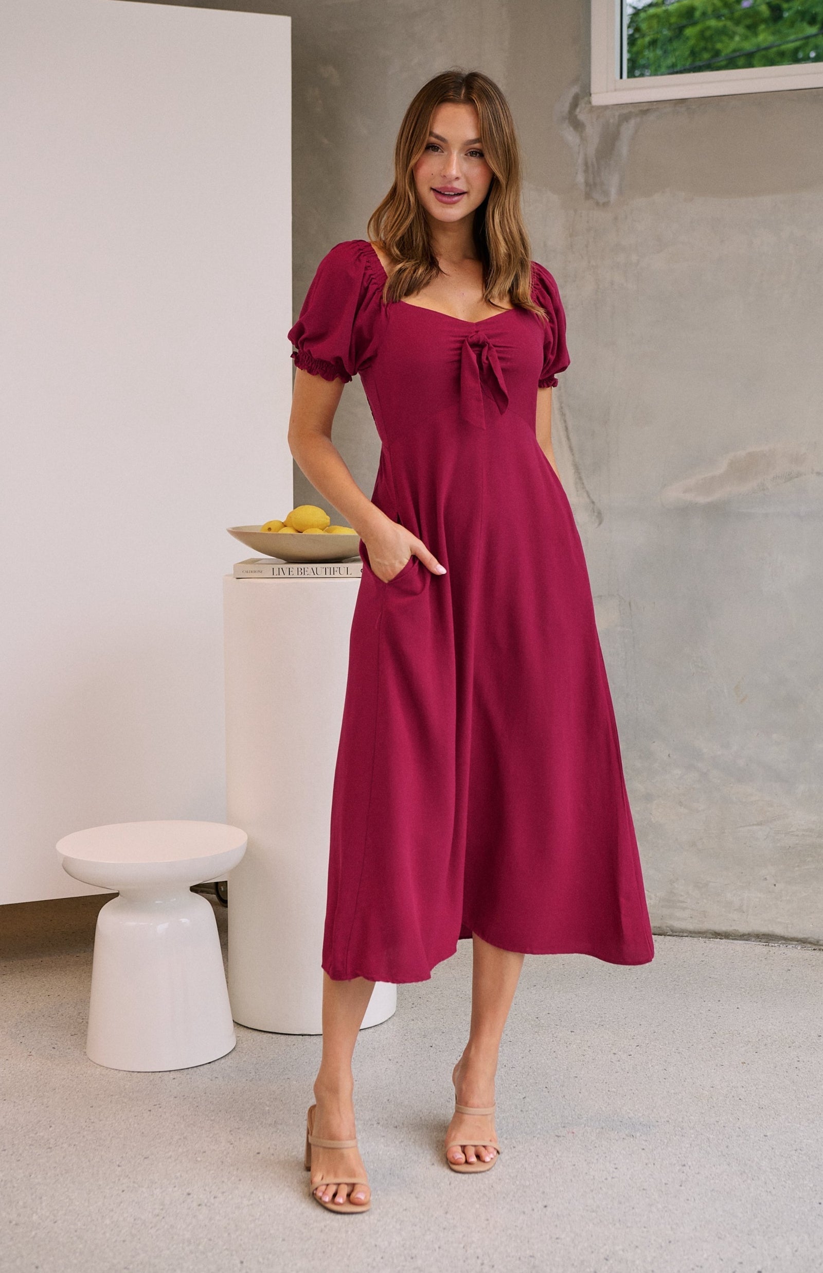 Lulu Tie Front Wine Midi Dress