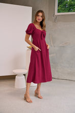 Load image into Gallery viewer, Lulu Tie Front Wine Midi Dress