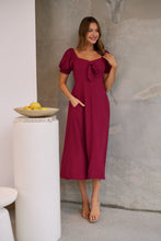 Load image into Gallery viewer, Lulu Tie Front Wine Midi Dress