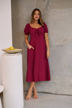 Load image into Gallery viewer, Lulu Tie Front Wine Midi Dress
