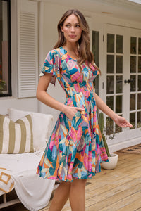 Carina Teal/Orange/Pink Multi Floral Short Sleeve Dress