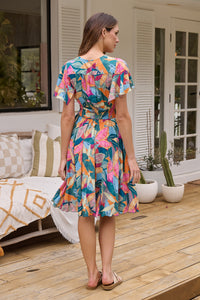 Carina Teal/Orange/Pink Multi Floral Short Sleeve Dress