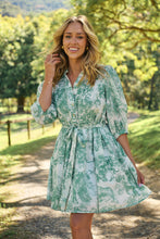Load image into Gallery viewer, Gabrielle 3/4 Sleeve White/Green Print Collared Dress