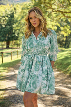 Load image into Gallery viewer, Gabrielle 3/4 Sleeve White/Green Print Collared Dress