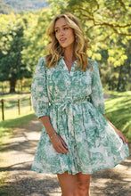 Load image into Gallery viewer, Gabrielle 3/4 Sleeve White/Green Print Collared Dress