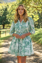 Load image into Gallery viewer, Gabrielle 3/4 Sleeve White/Green Print Collared Dress