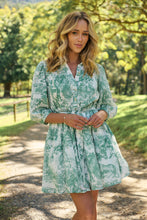 Load image into Gallery viewer, Gabrielle 3/4 Sleeve White/Green Print Collared Dress