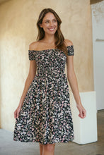 Load image into Gallery viewer, Soleil Shirred Black Floral Off Shoulder Midi Dress