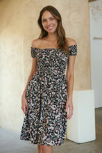 Load image into Gallery viewer, Soleil Shirred Black Floral Off Shoulder Midi Dress