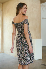 Load image into Gallery viewer, Soleil Shirred Black Floral Off Shoulder Midi Dress