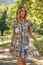 Load image into Gallery viewer, Sonya Black/Beige Leaf Print Frill Smock Dress