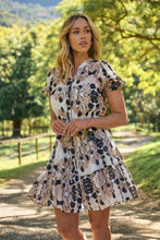 Load image into Gallery viewer, Sonya Black/Beige Leaf Print Frill Smock Dress