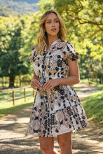 Load image into Gallery viewer, Sonya Black/Beige Leaf Print Frill Smock Dress