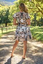 Load image into Gallery viewer, Sonya Black/Beige Leaf Print Frill Smock Dress