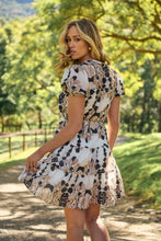 Load image into Gallery viewer, Sonya Black/Beige Leaf Print Frill Smock Dress