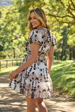 Load image into Gallery viewer, Sonya Black/Beige Leaf Print Frill Smock Dress