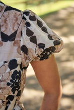 Load image into Gallery viewer, Sonya Black/Beige Leaf Print Frill Smock Dress
