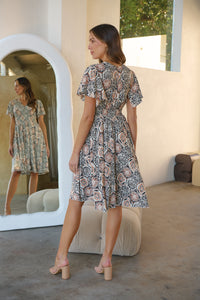 Carina Cream Black Rust Print Short Sleeve Dress