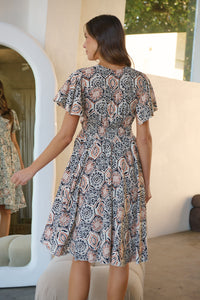 Carina Cream Black Rust Print Short Sleeve Dress