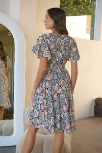Carina Cream Black Rust Print Short Sleeve Dress