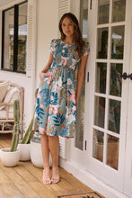 Load image into Gallery viewer, Tonya Sage Floral Print Shirred Midi Dress