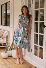 Load image into Gallery viewer, Tonya Sage Floral Print Shirred Midi Dress