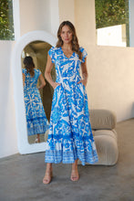 Load image into Gallery viewer, Augustina Button Blue White Bold Print Maxi Dress