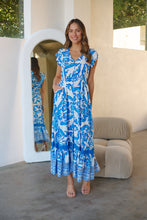 Load image into Gallery viewer, Augustina Button Blue White Bold Print Maxi Dress