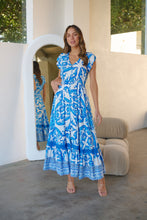 Load image into Gallery viewer, Augustina Button Blue White Bold Print Maxi Dress
