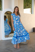 Load image into Gallery viewer, Augustina Button Blue White Bold Print Maxi Dress