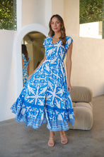 Load image into Gallery viewer, Augustina Button Blue White Bold Print Maxi Dress