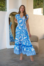 Load image into Gallery viewer, Augustina Button Blue White Bold Print Maxi Dress