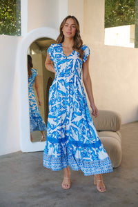 Augustina Button Blue White Bold Print Maxi Dress