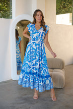 Load image into Gallery viewer, Augustina Button Blue White Bold Print Maxi Dress