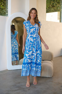 Augustina Button Blue White Bold Print Maxi Dress