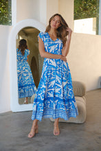 Load image into Gallery viewer, Augustina Button Blue White Bold Print Maxi Dress