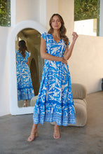 Load image into Gallery viewer, Augustina Button Blue White Bold Print Maxi Dress